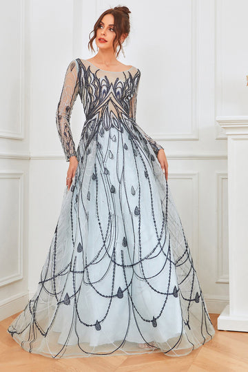 Vestido de noite de mangas compridas azuis e azuis claras